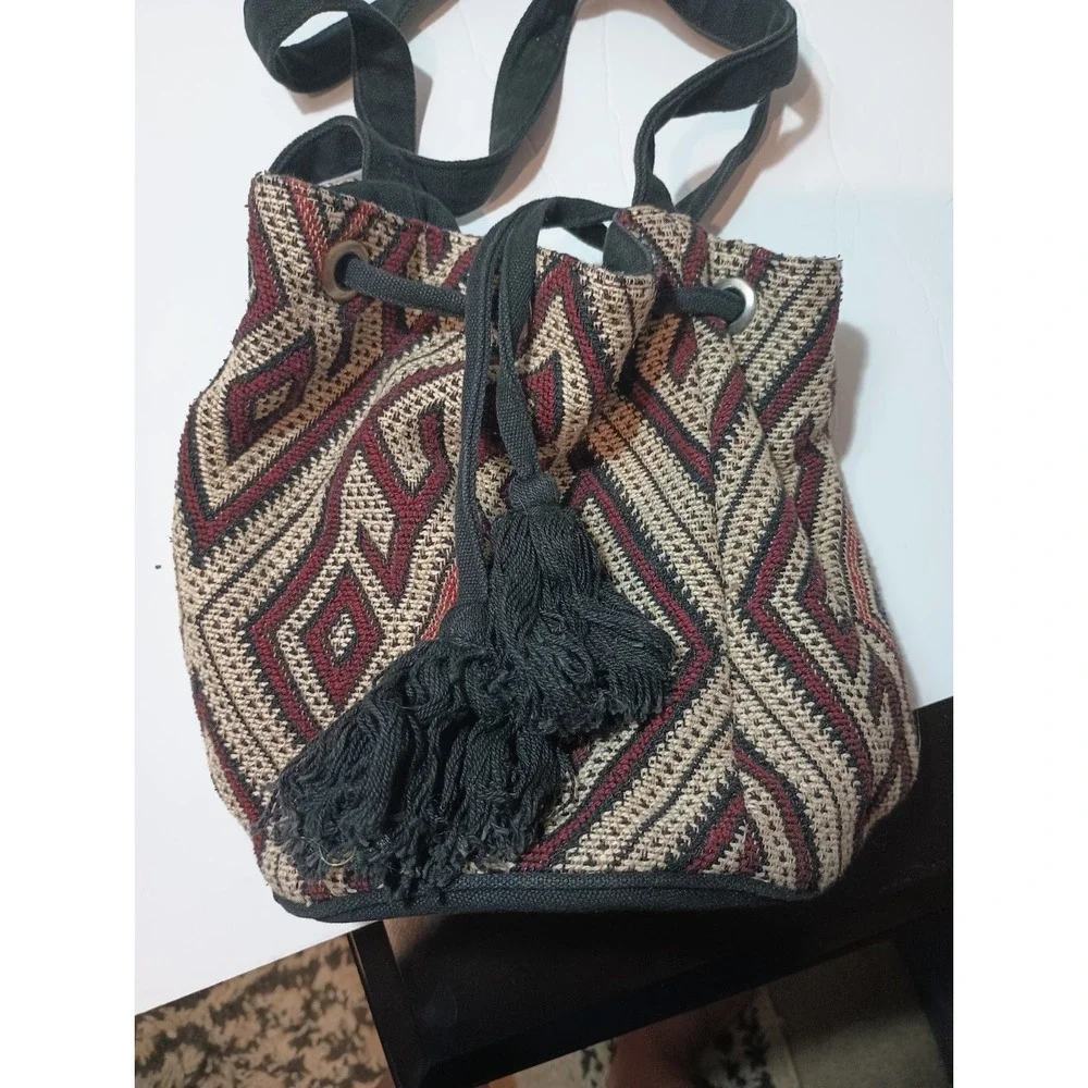 Forever 21 Woven Jacquard Drawstring Bucket Backpack Geometric Tribal Boho Small